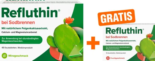 Refluthin Kautabletten Minzgeschmack 48 Stück + gratis Refluthin Kautabletten Fruchtgeschmack 16 Stück