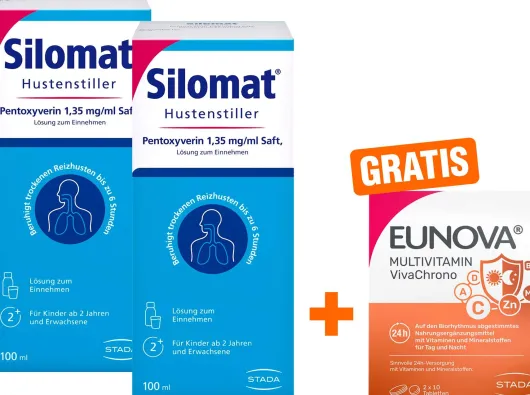 Silomat Hustenstiller Saft 2 x 100 ml + gratis Eunova VivaChrono 2 x 10 Tabletten