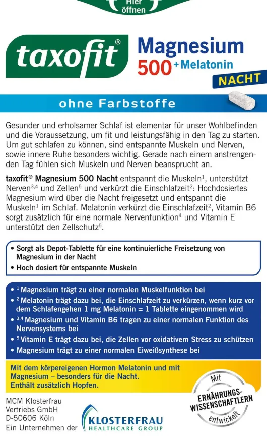 taxofit Magnesium 500 Nacht+Melatonin 30 Tabletten