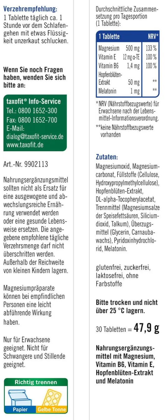 taxofit Magnesium 500 Nacht+Melatonin 30 Tabletten