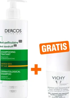 Vichy Dercos Anti Schuppen Shampoo trockene Kopfhaut + gratis Vichy Deo Roll-on Anti Flecken 48h 50 ml