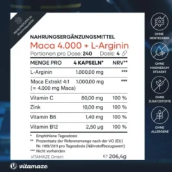 Vitamaze Maca 4.000 mg + L-Arginin + Vitamine + Zink 240 Kapseln