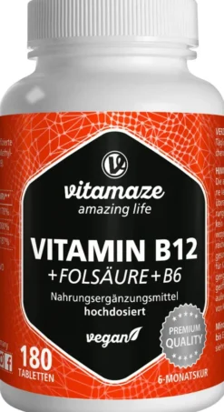 Vitamin B12 1.000 µg Hochdosiert + B9 + B6 Vegan 180 Tabletten