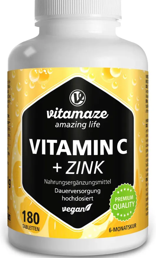 Vitamin C 1000 mg Hochdosiert + Zink 180 Vegane Tabletten
