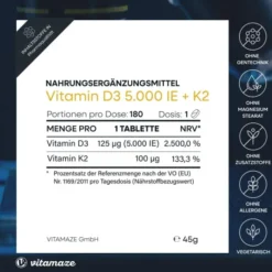 Vitamin D3 K2 5000 I.E. hochdosiert Tabletten 180 Stück