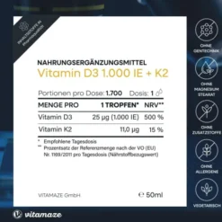 Vitamin D3 K2 1000 I.E. Tropfen Hochdosiert 50ml