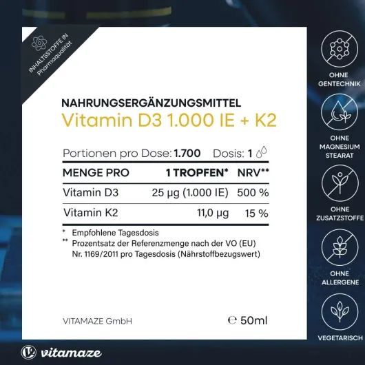 Vitamin D3 K2 1000 I.E. Tropfen Hochdosiert 50ml