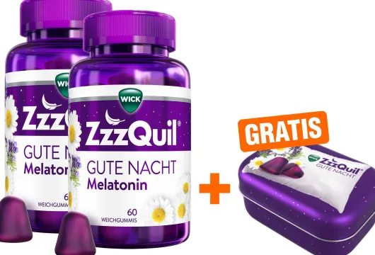Wick ZzzQuil Gute Nacht 2 x 60 Weichgummis + gratis Wick ZzzQuil Reise-Dose 1 Stück