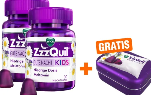 Wick ZzzQuil Kids 2 x 30 Weichgummis + gratis Wick ZzzQuil Reise-Dose 1 Stück